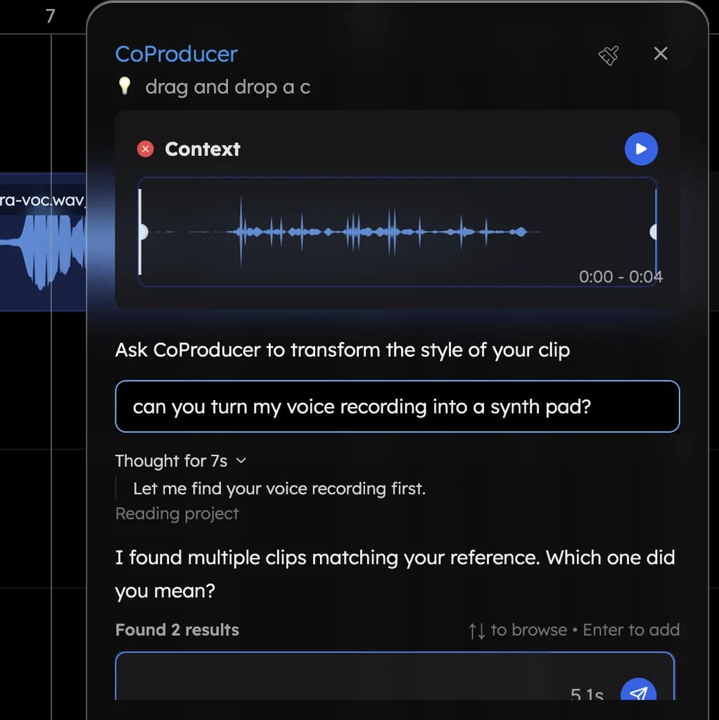 Asking CoProducer to turn a voice recording into a synth pad
