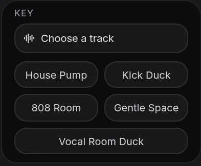 The Sidechain key source chooser in Veena, with Choose a track and ducking presets